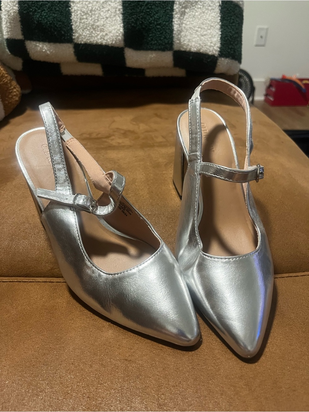 Silver Slingback Pointed-Toe Block Heels - Women